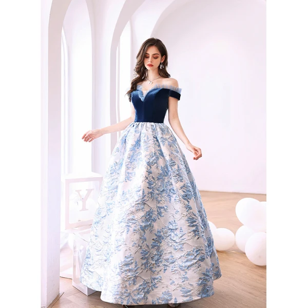 Elegant Ocean Blue Glitter Suede Prom Dresses 2022 Satin Ball Gown Off-The-Shoulder Short Sleeve Backless Floor-Length / Long Formal Dresses