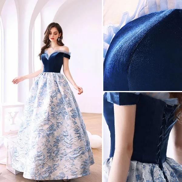 Elegant Ocean Blue Glitter Suede Prom Dresses 2022 Satin Ball Gown Off-The-Shoulder Short Sleeve Backless Floor-Length / Long Formal Dresses