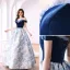 Elegant Ocean Blue Glitter Suede Prom Dresses 2022 Satin Ball Gown Off-The-Shoulder Short Sleeve Backless Floor-Length / Long Formal Dresses