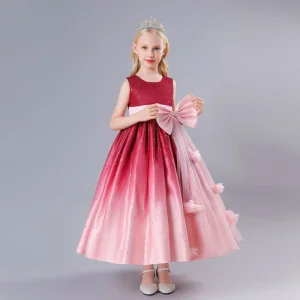 Chic Belle Bordeaux Paillettes Appliques Anniversaire Robe Ceremonie Fille 2023 Princesse Sans Manches Noeud Ceinture Longue Robe Ceremonie Fille