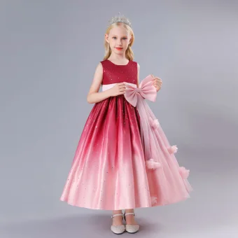 Chic Belle Bordeaux Paillettes Appliques Anniversaire Robe Ceremonie Fille 2023 Princesse Sans Manches Noeud Ceinture Longue Robe Ceremonie Fille