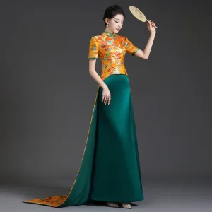Style Chinois Doré Brodé Cheongsam Robe De Soirée 2025 Trompette Sirène Col Haut Manches Courtes Train De Balayage Soirée Cheongsam