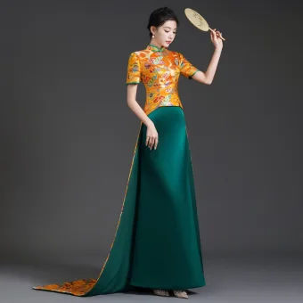 Chinese Style Gold Embroidered Cheongsam Qipao Evening Dresses 2025 Trumpet Mermaid High Neck Short Sleeve Sweep Train Evening Party Cheongsam