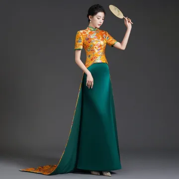 Style Chinois Doré Brodé Cheongsam Robe De Soirée 2025 Trompette Sirène Col Haut Manches Courtes Train De Balayage Soirée Cheongsam