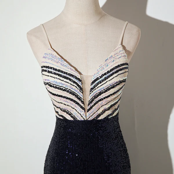 Sexy Argenté Bleu Marine Paillettes Robe De Soirée 2022 Trompette / Sirène Bretelles Spaghetti Sans Manches Dos Nu Fendue devant Longue Robe De Ceremonie