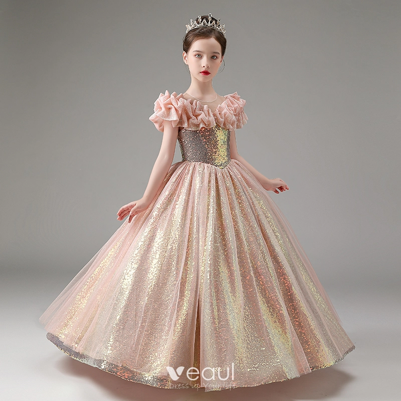 Sparkly Blushing Pink Glitter Sequins Birthday Flower Girl Dresses 2023 A-Line Princess