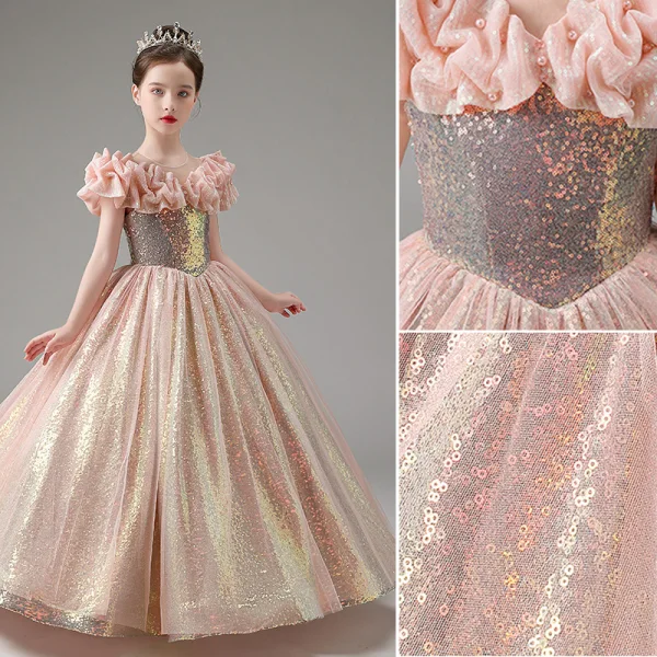Sparkly Blushing Pink Glitter Sequins Birthday Flower Girl Dresses 2023 A-Line / Princess Ruffle Scoop Neck Short Sleeve Floor-Length / Long Flower Girl Dresses