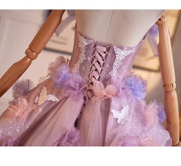 Blumenfee High End Rosa Spitze Schmetterling Applikationen Pailletten Ballkleider 2026 Ballkleid Eckiger Ausschnitt Ärmellos Rückenfreies Lange Festliche Kleider