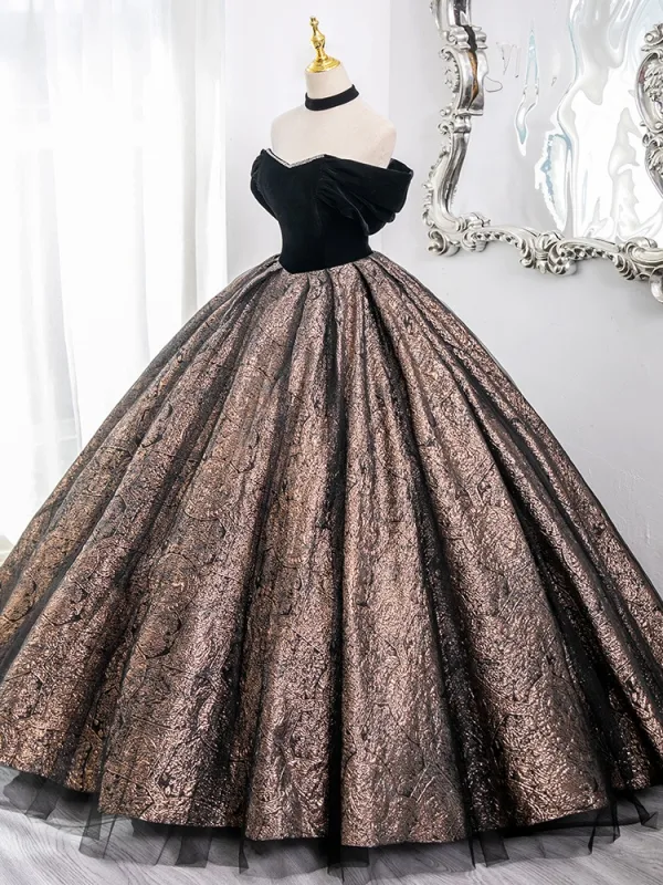 Vintage / Retro Black Glitter Prom Dresses 2024 Ball Gown Off-The-Shoulder Sleeveless Backless Floor-Length / Long Prom Formal Dresses