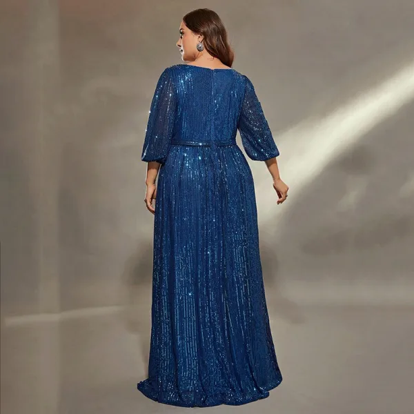 Sparkly Navy Blue Sequins Plus Size Evening Dresses 2025 A-Line / Princess V-Neck 3/4 Sleeve Floor-Length / Long Evening Party Formal Dresses