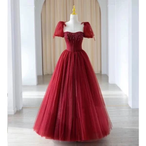 Chic Belle Bordeaux Perlage Paillettes Robe De Bal 2023 Princesse Encolure Carrée Manches Courtes Dos Nu Longue Promo Robe De Ceremonie