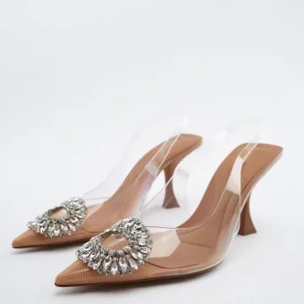 Transparent Chic Beautiful Beige Summer Street Wear Rhinestone Womens Sandals 2022 Slingbacks 7 Cm Stiletto Heels Pointed Toe Sandals High Heels