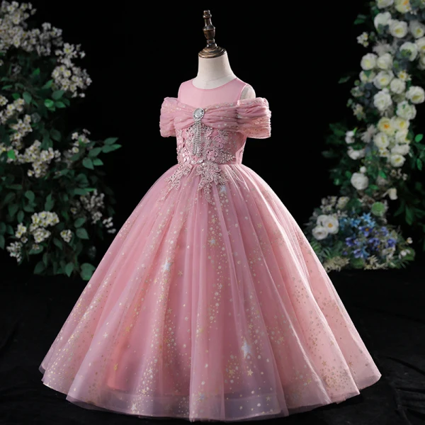 Chic / Beautiful Blushing Pink Birthday Flower Girl Dresses 2022 Scoop Neck Beading Pearl Lace Flower Sequins Short Sleeve Floor-Length / Long Flower Girl Dresses