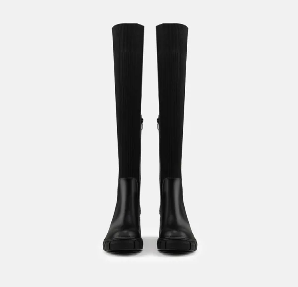 Fashion Beige Street Wear Winter Knitting Womens Boots 2023 6 cm Thick Heels Round Toe Boots