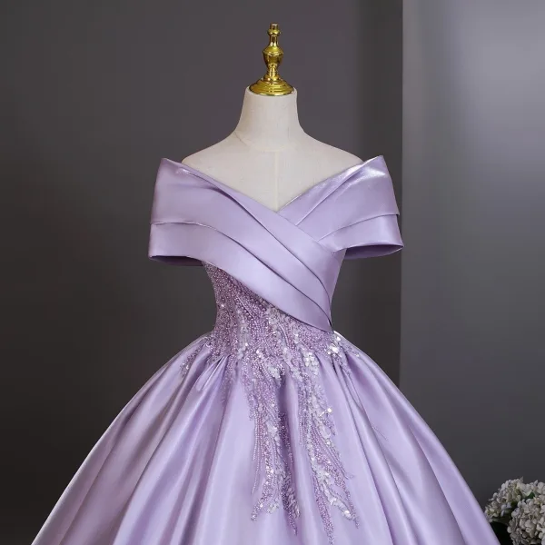 Elegant Lavender Beading Sequins Prom Dresses 2026 Ball Gown Off-The-Shoulder Short Sleeve Backless Floor-Length / Long Formal Dresses