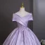 Elegant Lavender Beading Sequins Prom Dresses 2026 Ball Gown Off-The-Shoulder Short Sleeve Backless Floor-Length / Long Formal Dresses
