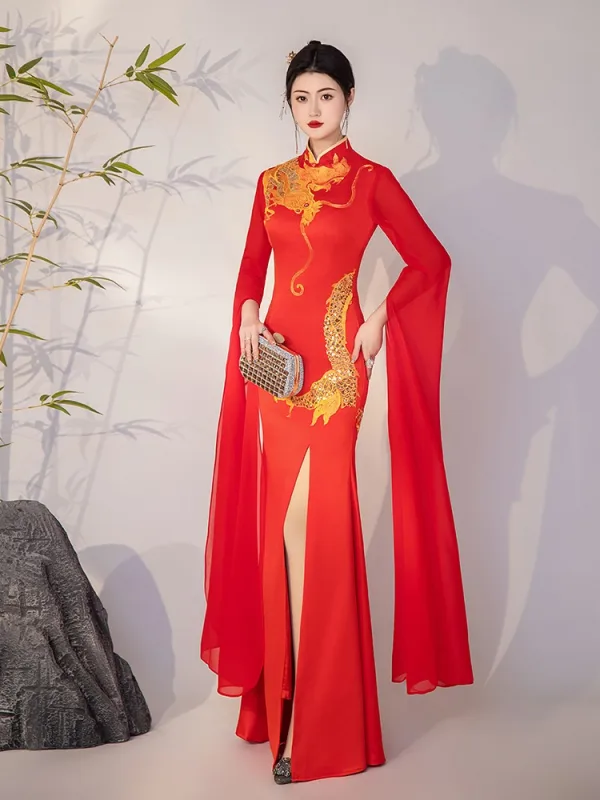 Chinese style Red Embroidered Split Front Evening Party Cheongsam 2025 Trumpet / Mermaid High Neck Long Sleeve Floor-Length / Long Cheongsam / Qipao