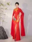 Chinese style Red Embroidered Split Front Evening Party Cheongsam 2025 Trumpet / Mermaid High Neck Long Sleeve Floor-Length / Long Cheongsam / Qipao