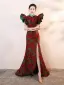 Chinese style Burgundy Printing Evening Party Cheongsam 2026 Trumpet / Mermaid High Neck Puffy Short Sleeve Sweep Train