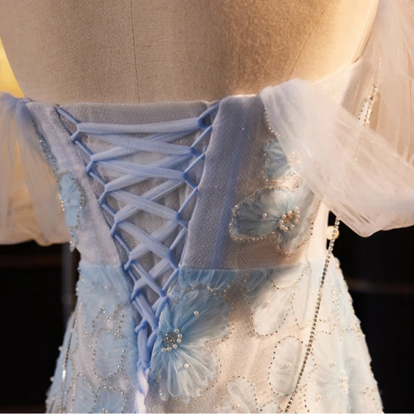 Charmant Himmelblau Perle Pailletten Blumen Ballkleider 2023 A Linie Bandeau Ärmellos Rückenfreies Lange Ball Festliche Kleider
