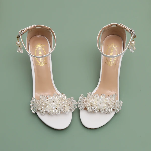 Sexy White Pearl Crystal Wedding Shoes 2023 Ankle Strap 9 cm Stiletto Heels Open / Peep Toe Wedding Sandals High Heels