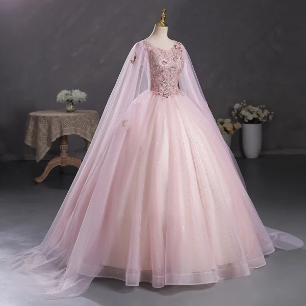 Elegant Blushing Pink Sequins Lace Flower Prom Dresses 2023 Ball Gown V-Neck Short Sleeve Backless Floor-Length / Long Prom Formal Dresses