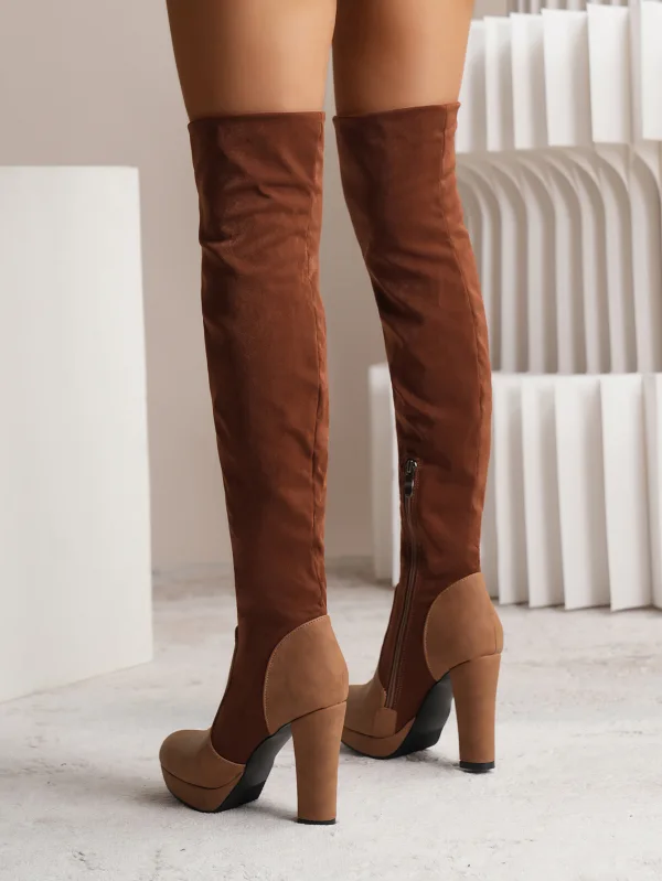 Mode Schwarz Wildleder Strassenmode Kniehohe Stiefel Damen 2024 9 cm Block Absätze Quadratische Zehe Stiefel