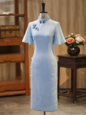 Chinese Style Sky Blue Printing Split Front Silk Cheongsam Qipao 2026 Trumpet Mermaid High Neck Short Sleeve Tea Length