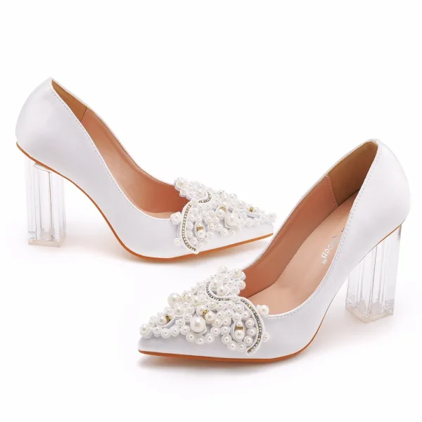 Chic / Beautiful White Pearl Rhinestone Wedding Shoes 2023 Satin 9 cm Crystal Thick Heels Pointed Toe Wedding Pumps High Heels