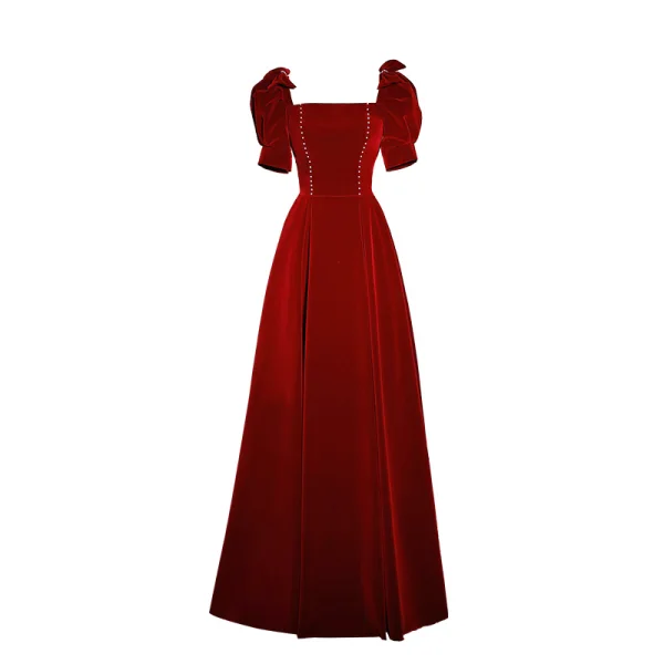 Elegant Burgundy Velvet A-Line / Princess Prom Dresses 2023 Square Neckline Short Sleeve Backless Floor-Length / Long Prom Formal Dresses