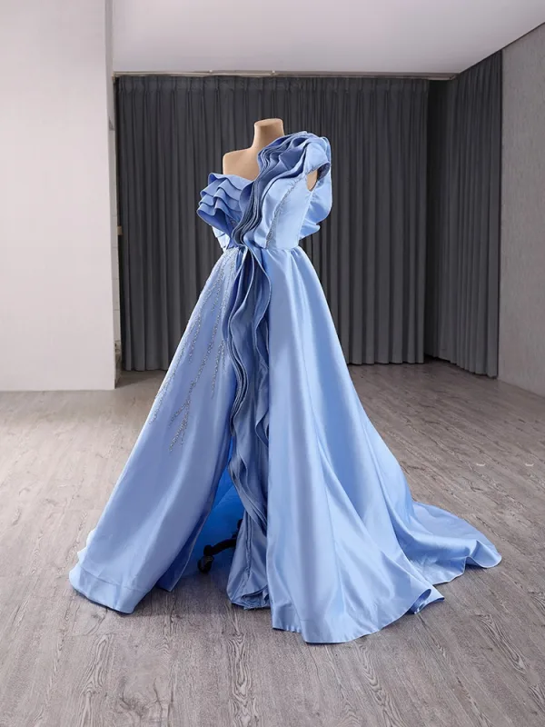 Haut de Gamme Mode Bleu Ciel Perlage Paillettes Robe De Bal 2024 Princesse Une épaule Sans Manches Dos Nu Train De Balayage Promo Robe De Ceremonie