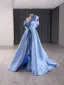 Haut de Gamme Mode Bleu Ciel Perlage Paillettes Robe De Bal 2024 Princesse Une épaule Sans Manches Dos Nu Train De Balayage Promo Robe De Ceremonie