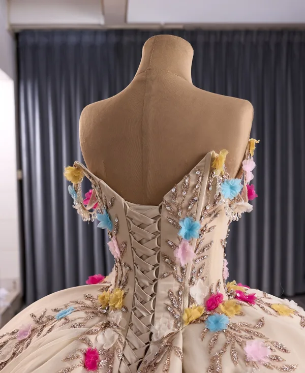 Luxury / Gorgeous Champagne Handmade  Rhinestone Appliques Sequins Prom Dresses 2025 Ball Gown Off-The-Shoulder Short Sleeve Backless Court Train Formal Dresses