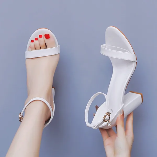 Minimalistisch Weiß Brautschuhe 2025 7 cm Stilettos Knöchelriemen Peeptoes Hochzeit Sandaletten Hochhackige
