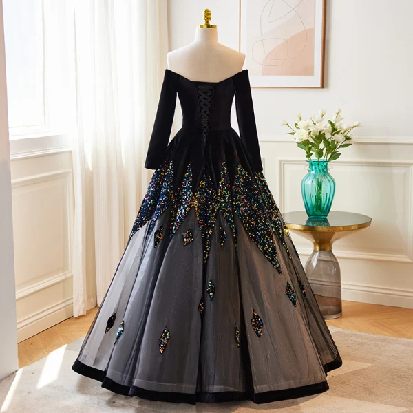 Chic / Beautiful Black Sequins Prom Dresses 2023 A-Line / Princess Off-The-Shoulder 3/4 Sleeve Backless Floor-Length / Long Formal Dresses
