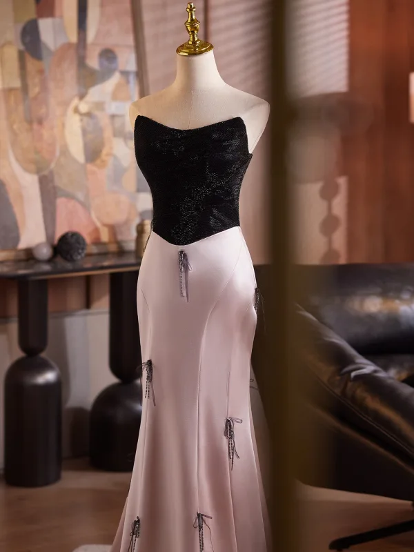 Sexy Blozen Roze Strik Avondjurken 2025 Trompet / Zeemeermin Strapless Mouwloos Ruglooze Sweep Trein Avond Gelegenheid Jurken
