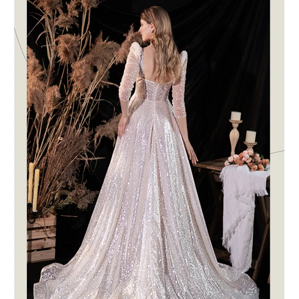 Glitzernden Luxus / Herrlich Weiß Perlenstickerei Perle Pailletten Brautkleider / Hochzeitskleider 2022 A Linie Eckiger Ausschnitt Rückenfreies Lange Ärmel Sweep / Pinsel Zug Hochzeit