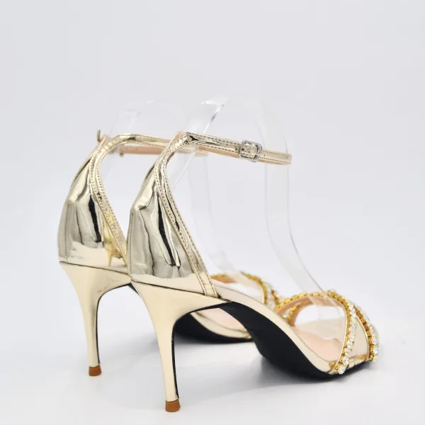 Sexy Gold Rhinestone Evening Party Womens Sandals 2022 Leather Ankle Strap 8 cm Stiletto Heels Open / Peep Toe Sandals High Heels