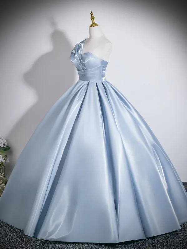 Chic / Beautiful Sky Blue Prom Dresses 2026 Ball Gown One-Shoulder Short Sleeve Backless Floor-Length / Long Formal Dresses