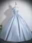 Chic / Beautiful Sky Blue Prom Dresses 2026 Ball Gown One-Shoulder Short Sleeve Backless Floor-Length / Long Formal Dresses