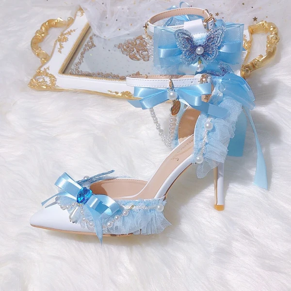 Charmant Himmelblau Perle Schleife Ball Sandalen Damen 2024 9 cm Stilettos Hochhackige Spitzschuh Sandaletten