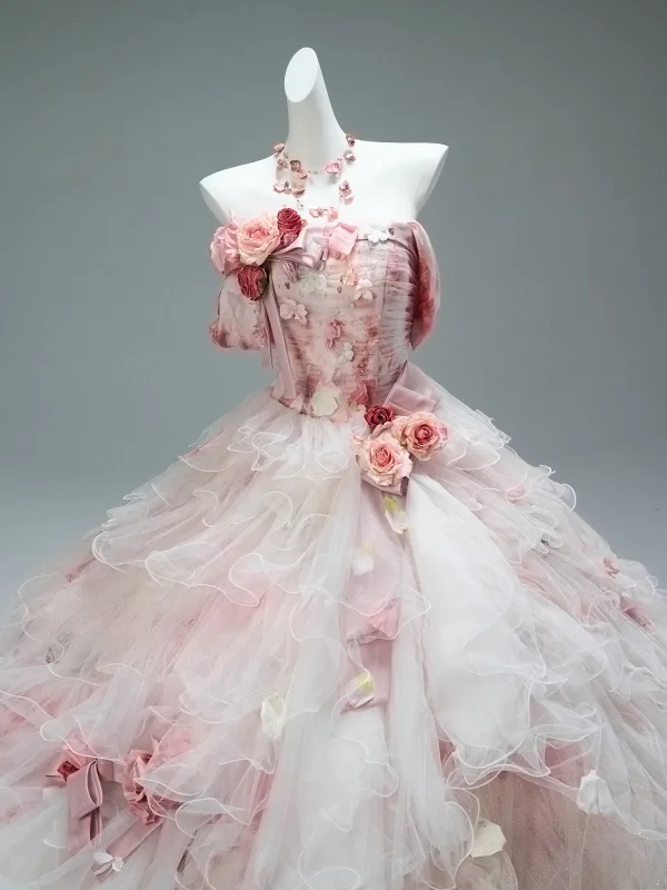 Luxury / Gorgeous Flower Fairy Blushing Pink Handmade  Pearl Rhinestone Appliques Cascading Ruffles Prom Dresses 2025 Ball Gown Strapless Sleeveless Backless Chapel Train