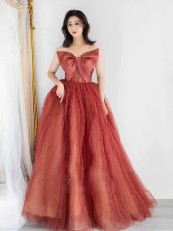 Chic Beautiful Red Prom Dresses 2024 A Line Princess Strapless Bow Sleeveless Backless Floor Length Long Prom Formal Dresses