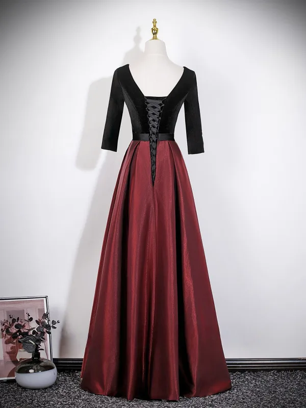 Vintage / Originale Bordeaux Noeud Ceinture Robe De Bal 2026 Princesse V-Cou 3/4 Manches Dos Nu
