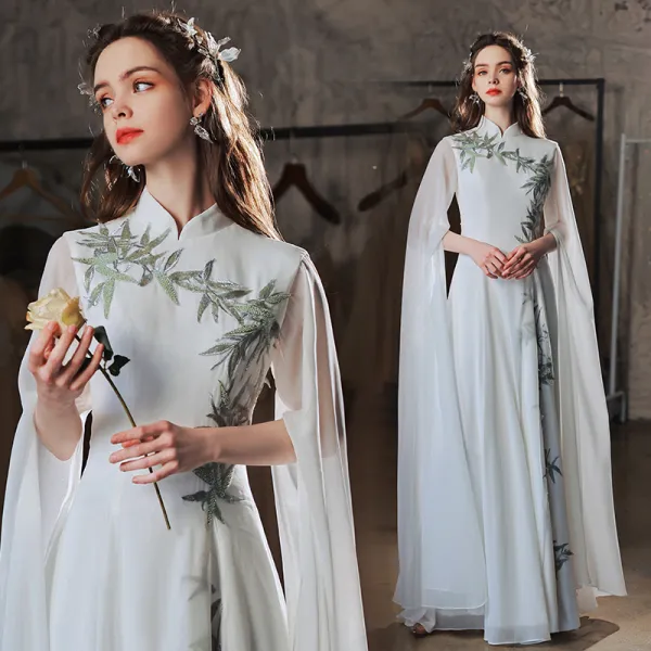 Chinese style Ivory Beading Lace Flower Evening Dresses  Cheongsam 2022 A-Line / Princess High Neck Long Sleeve Split Front Floor-Length / Long Cheongsam / Qipao