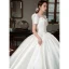 Vintage / Retro Modest / Simple Ivory Satin Wedding Dresses 2022 Ball Gown Scoop Neck Puffy Short Sleeve Pearl Royal Train Wedding
