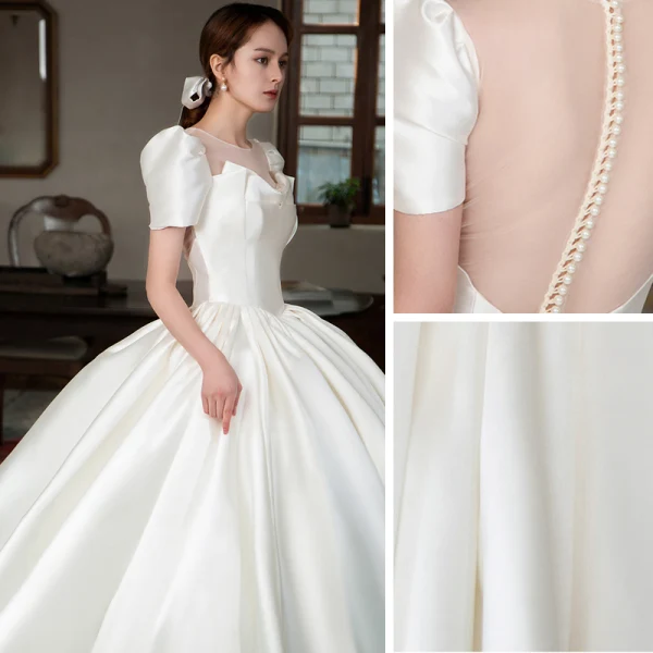 Vintage / Retro Modest / Simple Ivory Satin Wedding Dresses 2022 Ball Gown Scoop Neck Puffy Short Sleeve Pearl Royal Train Wedding