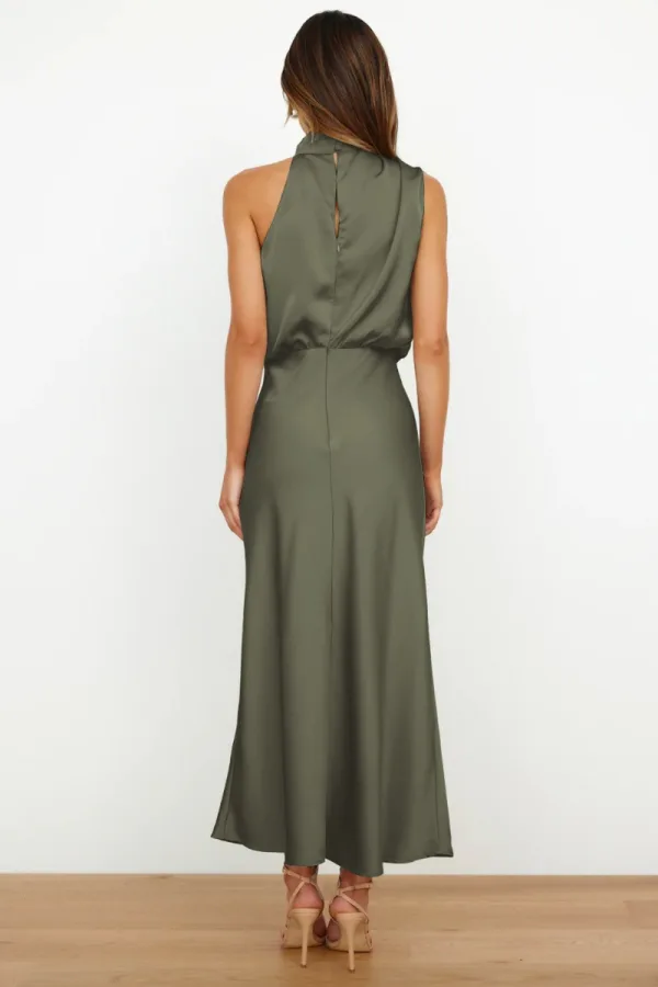 Fashion Beige Street Wear Holiday Women Dresses 2023 High Neck Tea-length Womens Clothing