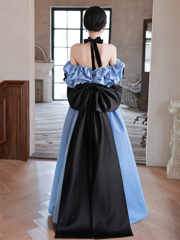 Mode Bleu Robe De Bal 2022 Princesse Volants De l'épaule Manches Courtes Dos Nu Noeud Longue Promo Robe De Ceremonie