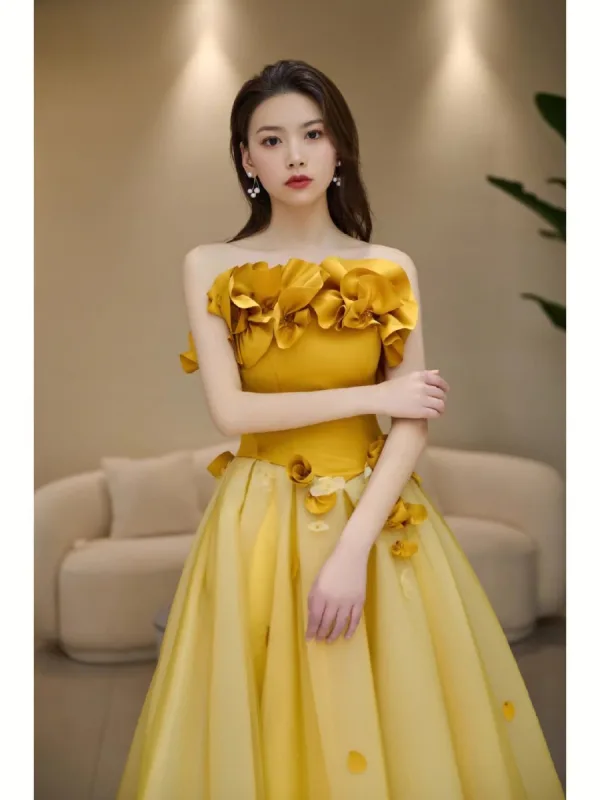 Fashion Yellow Appliques Prom Dresses 2023 A-Line / Princess Strapless Sleeveless Backless Floor-Length / Long Prom Formal Dresses